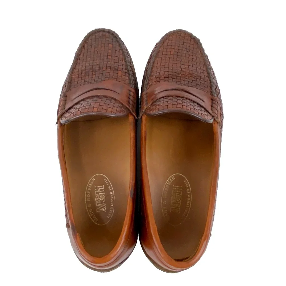 Luxury Maus & Hoffman Leather Penny Loafers Men's 8 Tan Brown Woven Leather 41